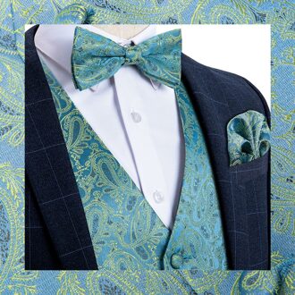 Mannen Teal Blue Paisley Pak Vest Zijde Vest Formele Paisley Strikjes Manchetknopen Pocket Vierkante Set Smoking Mannelijke J-114 Dobby Xxl
