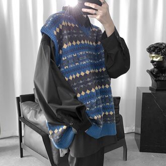 Mannen Trui Vest Argyle Print Mens Schouderophalen Retro Chic Mannelijke Uitloper All-Match Baggy Gezellige Koreaanse Trendy ins Ulzzang Warm blauw / Xxl