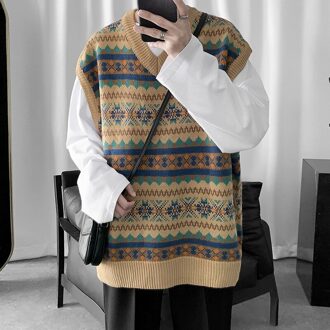 Mannen Trui Vest Argyle Print Mens Schouderophalen Retro Chic Mannelijke Uitloper All-Match Baggy Gezellige Koreaanse Trendy ins Ulzzang Warm khaki / Xl