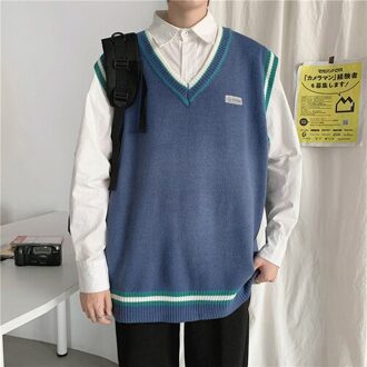 Mannen Trui Vest Eenvoudige Patchwork Losse Panelled Gebreide Truien Mannelijke V-hals Alle-Match Mode Ins Chic Streetwear Ulzzang Zachte blauw / M