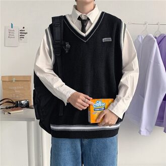Mannen Trui Vest Eenvoudige Patchwork Losse Panelled Gebreide Truien Mannelijke V-hals Alle-Match Mode Ins Chic Streetwear Ulzzang Zachte zwart / M