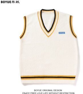Mannen Trui Vest Fall V-hals Lambrisering Brief Baggy Gebreide Paar Borduren Truien Mouwloze Japanse Preppy Vesten All-Match wit / Xxl