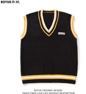 Mannen Trui Vest Fall V-hals Lambrisering Brief Baggy Gebreide Paar Borduren Truien Mouwloze Japanse Preppy Vesten All-Match zwart / Xxl