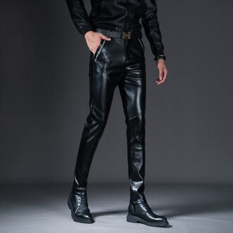 Mannen Verdikte Fluwelen Gewatteerde Slim Fit Skinny Leren Broek Tiener Trend Brief Splitsen Casual Pu Leer Motorfiets Broek 33