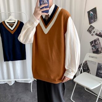 Mannen Vest Trui V-hals Preppy Collage Student Vintage Herfst Patchwork Lambrisering Mouwloze Truien Losse Alle-Wedstrijd Gebreide Ins bruin / Xl