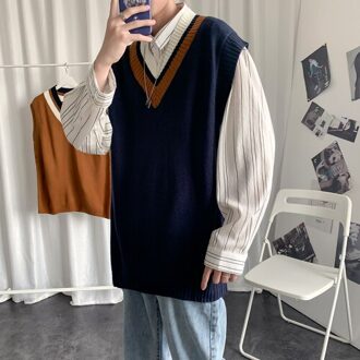 Mannen Vest Trui V-hals Preppy Collage Student Vintage Herfst Patchwork Lambrisering Mouwloze Truien Losse Alle-Wedstrijd Gebreide Ins marine / L