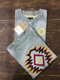 Mannen Vintage Denim Korte Mouwen Borduren Overhemd Western Shirt Navajo Patronen L