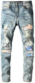 Mannen Vintage Patchwork Stretch Biker Jeans Streetwear Gaten Ripped Slim Skinny Denim Broek Broek 30