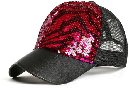 Mannen Vrouwen Baseball Hoed Dubbele Kleur Zebra-Streep Mermaid Pailletten Mesh Casual Cap Beste -Wt Rood