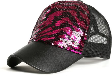 Mannen Vrouwen Baseball Hoed Dubbele Kleur Zebra-Streep Mermaid Pailletten Mesh Casual Cap Beste -Wt roos rood