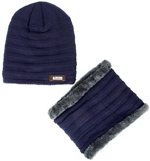 Mannen Vrouwen Beanie Hat + Sjaal Halswarmer Winter Gebreide Dikker Ski Caps 2 Stuks Set diep blauw