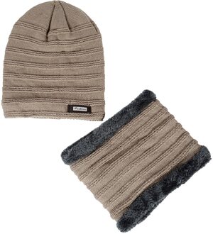 Mannen Vrouwen Beanie Hat + Sjaal Halswarmer Winter Gebreide Dikker Ski Caps 2 Stuks Set khaki