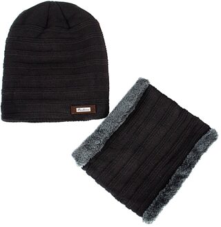 Mannen Vrouwen Beanie Hat + Sjaal Halswarmer Winter Gebreide Dikker Ski Caps 2 Stuks Set zwart
