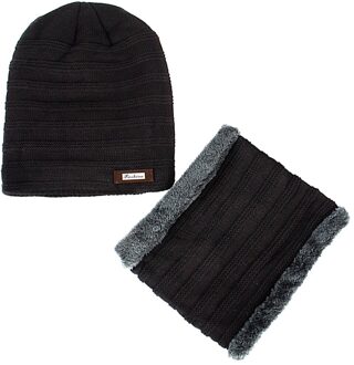 Mannen Vrouwen Beanie Hat + Sjaal Halswarmer Winter Gebreide Dikker Ski Caps 2 Stuks Set zwart