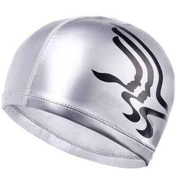Mannen Vrouwen Elastische Waterdichte PU Stof Beschermen Oren Lange Haar Sport Zwemmen Zwembad Hoed Gedrukt Badmuts Gratis Grootte zilver