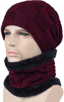 Mannen Vrouwen Gebreide Muts en sjaal twee set Winter Gebreide Thicken Cap Plus Kasjmier tweedelige mannen hoed Wijn Rood