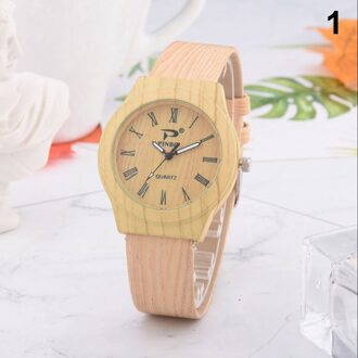 Mannen Vrouwen Quartz Horloge Pu Leer Hout Patroon Horloge Student Sport Casual Horloges NOV99 kleur 1