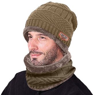 Mannen Warm Houden Beanie Winter Dikker Hoed En Sjaal Tweedelige Gebreide Winddicht Cap Plus Fluwelen Fietsen Caps Set sombrero Mujer khaki
