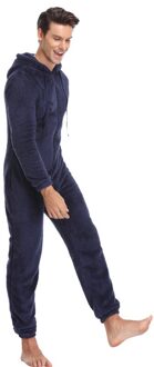 Mannen Warm Teddy Fleece Onesie Pluizige Slaap Lounge Volwassen Nachtkleding Een Stuk Pyjama Mannelijke Jumpsuits Hooded Onesies Voor Volwassen Mannen marine blauw / L
