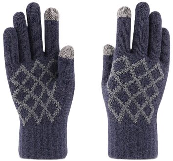 Mannen Winter Gebreide Touchscreen Handschoenen Plaid Winddicht Thermische Voering Wanten Marineblauw