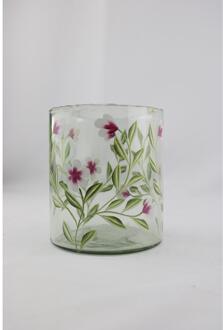 mansion atmosphere Windlicht glas met roze bloemen 13x13x15cm groen