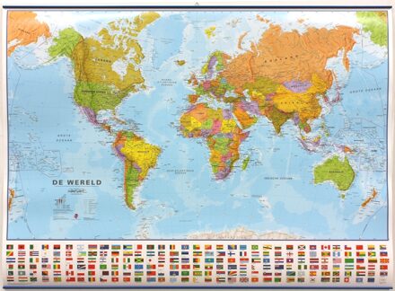 Maps International Wereldkaart politiek geplastificeerd met vlaggen 136 x 86 cm