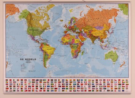 Maps International Wereldkaart politiek geplastificeerd met vlaggen 136 x 86 cm