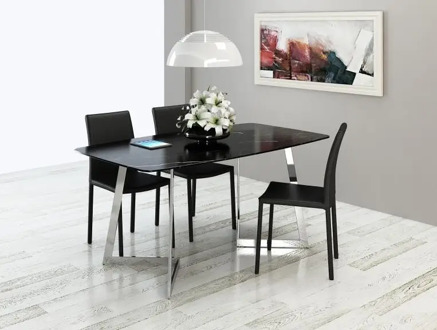 Marble dining table and chair combination. Stainless steel table.