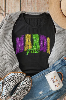Mardi Gras Glitter T-shirt Korte Mouwen - maat 2XL Zwart