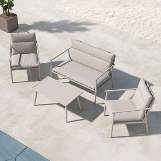 Margret tuin loungeset beige- tweezits bank, twee fauteuils en een salon tafel - met zitkussens