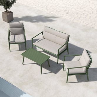 Margret tuin loungeset groen - tweezits bank, twee fauteuils en een salon tafel - met beige zitkussens