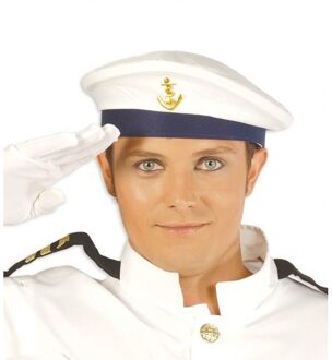 Marine verkleed baret/hoed - wit/blauw - met gouden scheepsanker - volwassenen
