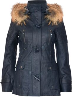 Marineblauwe lamsleren gewatteerde parka met capuchon en bontkraag voor dames - Duchess Navy