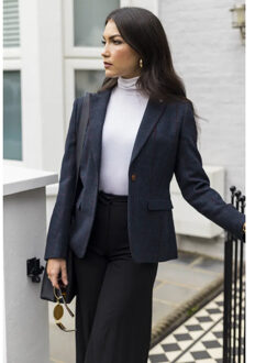 Marineblauwe tweed blazer met getailleerde pasvorm voor dames