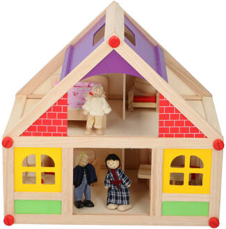 Marionette Wooden Toys - Houten Poppenhuis Incl. Meubels En Poppetjes - 11-delig Geel