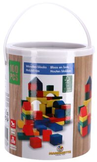 Marionette Wooden Toys Houten Speelgoed-Blokken - vanaf 2 Jaar - 100 Stuks - in Opbergton - Rood-Geel-Groen-Blauw Multikleur