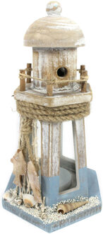 Maritieme decoratie beeldje Vuurtoren theelichthouder - Hout - 21 cm - blauw/wit Multi
