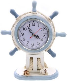 Maritieme decoratie stuurwiel thema tafelklok - Hout - 21 x 27 cm - blauw/wit
