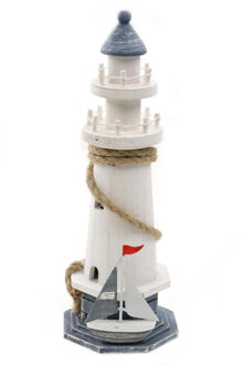 Maritieme decoraties beeldje van een Vuurtoren - Hout - 10 x 28 cm - wit/blauw - Beeldjes