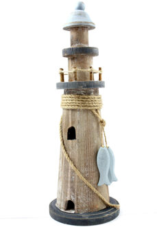 Maritieme decoraties beeldje van een Vuurtoren - Hout - 11 x 30 cm - houtskleur - Beeldjes Bruin