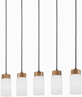 Markus hanglamp, opaalglas/eikenhout Lengte 100 cm 5-lamps. opaal wit, eiken, zwart