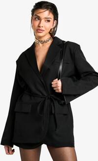 Marl Blazer Met Schoudervulling En Ceintuur, Black - 40