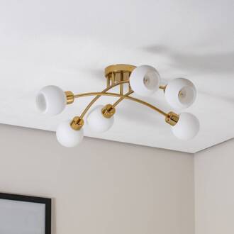 Marlo plafondlamp, messingkleurig, opaalglas, 6-lamps messing, opaal wit