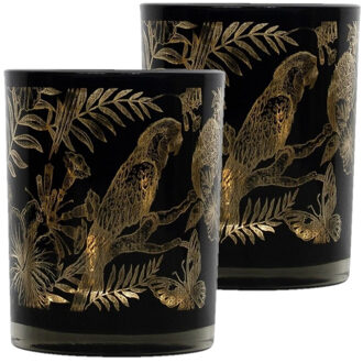 Mars & More Set van 2x stuks theelichthouder/waxinelichthouder glas zwart 10 cm papegaai print