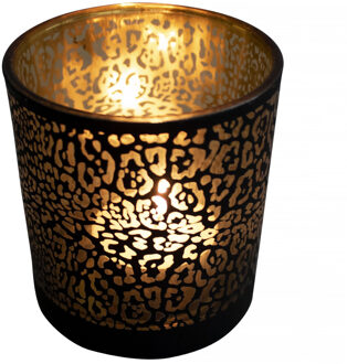 Mars & More Theelichthouder - mat zwart - 18 cm - jaguar print - glas - waxinelichthouder