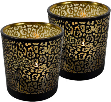 Mars & More Theelichthouder - Set van 2x stuks - mat zwart - 18 cm - jaguar print - glas - waxinelichthouder