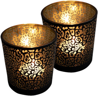 Mars & More Waxinelichthouder - Set van 2x stuks - zwart - glas - jaguar print - 12 cm