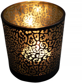 Mars & More Waxinelichthouder - zwart - glas - jaguar print - 12 cm