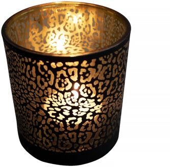 Mars & More Waxinelichthouder - zwart - glas - jaguar print - 8 cm