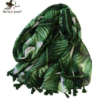 Marte & Joven Vrouwen Weegbree Blad Groene Sjaal met Kwasten Zachte Polyester Palm Bladeren Gedrukt Warme Sjaals Wraps Hijabs Uitlaat